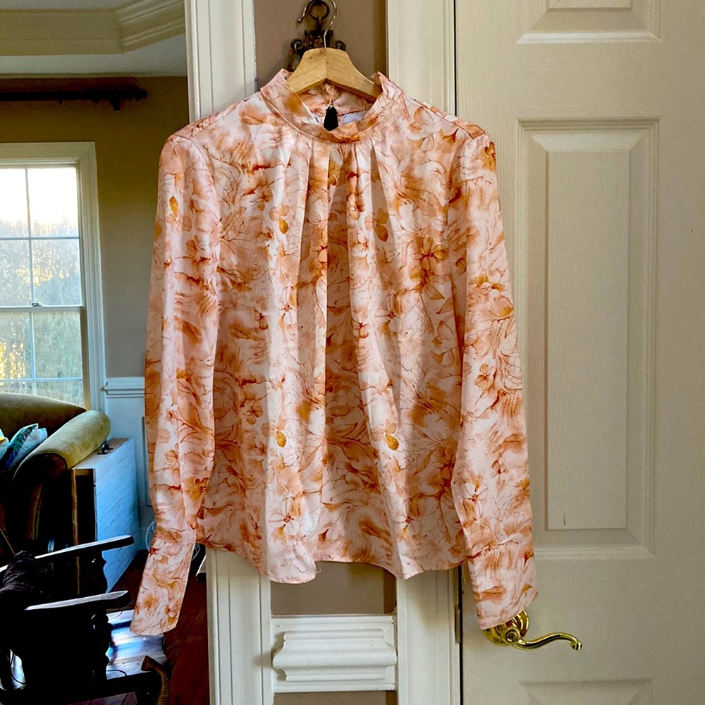 Shein MOTF L high neck silky blouse, romantic floral prints